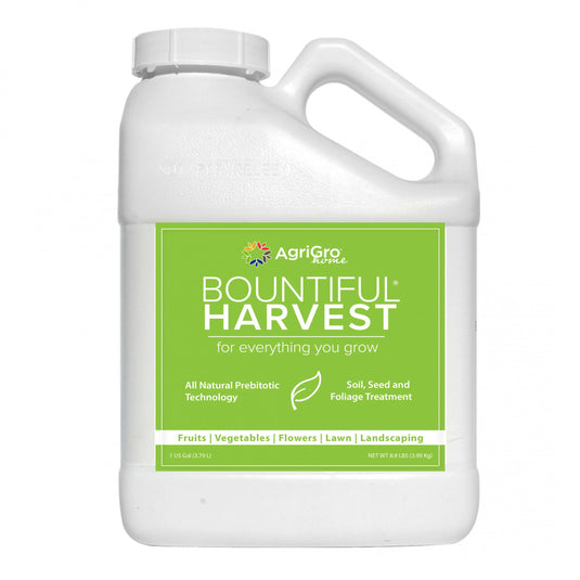 Bountiful Harvest Prebiotic liquid concentrate fertilizer for plant growth and health, suitable for fruits, vegetables, flowers, potted plants, lawns, trees, and shrubs.
