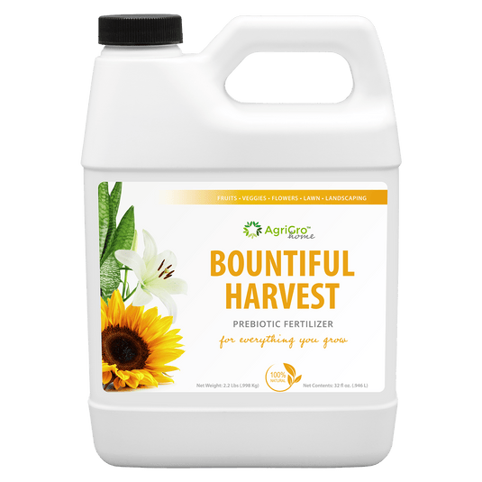 Bountiful Harvest Prebiotic liquid concentrate fertilizer for plant growth and health, suitable for fruits, vegetables, flowers, potted plants, lawns, trees, and shrubs.