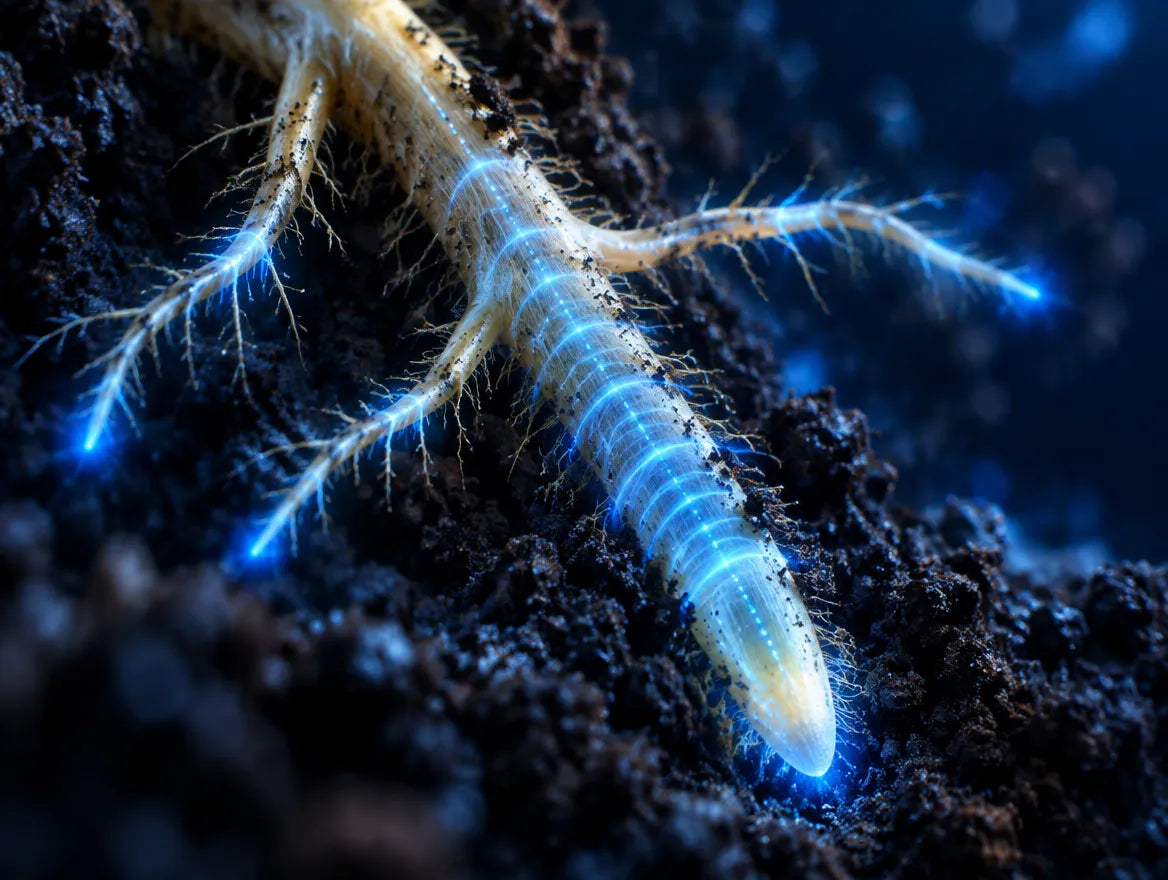A corn root tip branching through soil with luminous signals along the root