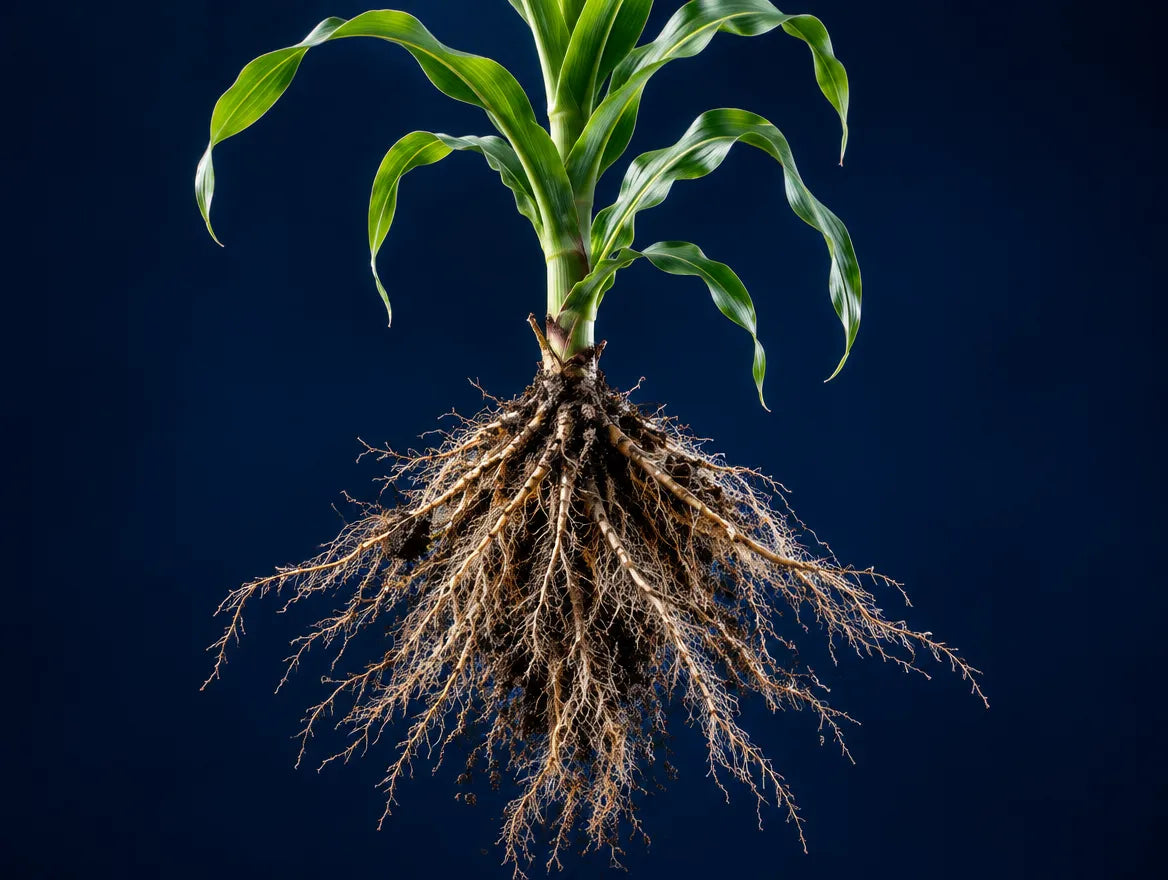 A young corn plant with its full fibrous root system exposed
