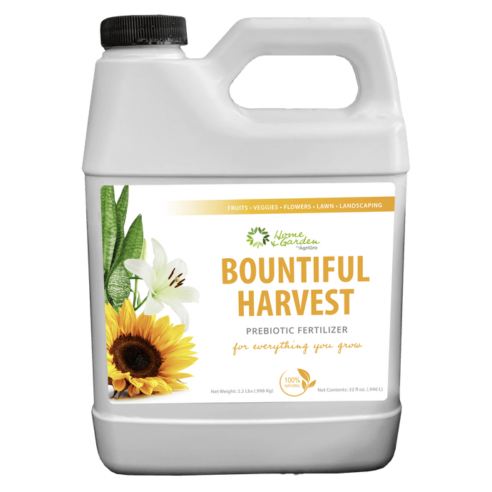 Bountiful Harvest Prebiotic liquid concentrate fertilizer for plant growth and health, suitable for fruits, vegetables, flowers, potted plants, lawns, trees, and shrubs.