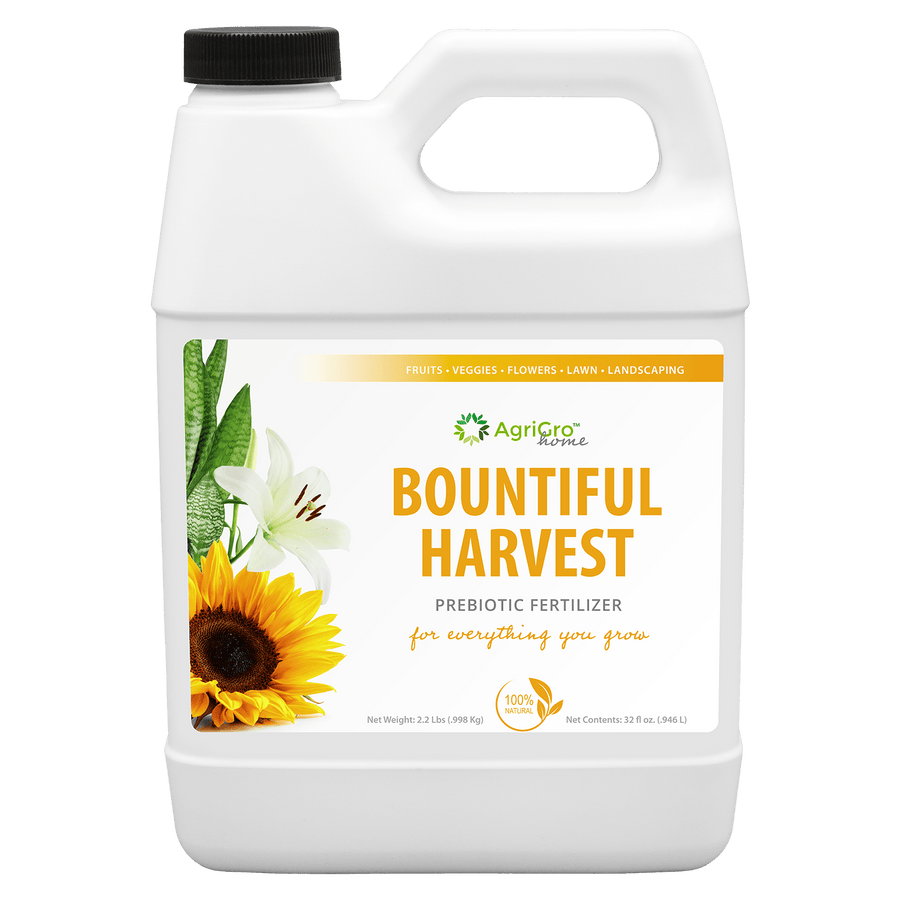 Bountiful Harvest® prebiotic liquid concentrate fertilizer by AgriGro, promoting healthy growth for fruits, vegetables, and flowers.