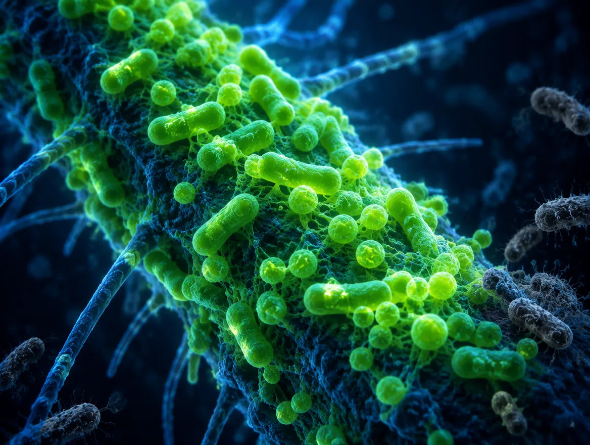 A root surface covered by a dense microbial colony