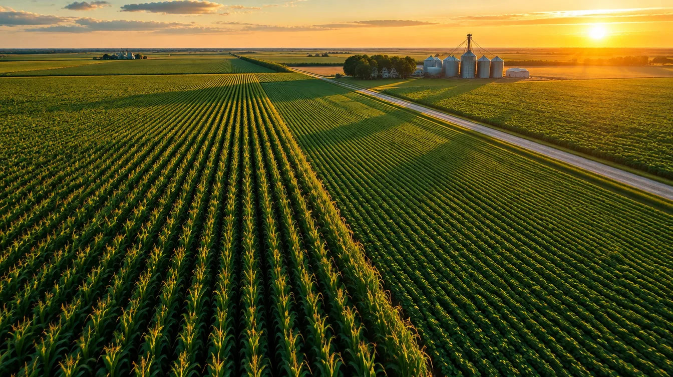Aerial view of commercial corn and soybean rows at golden hour