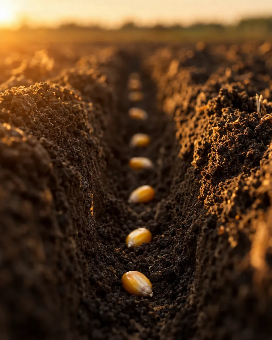 Corn seeds dropping into a planting furrow