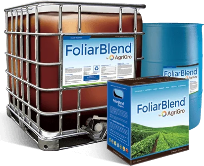 FoliarBlend® packaging: 275-gallon tote and 55-gallon drum and case