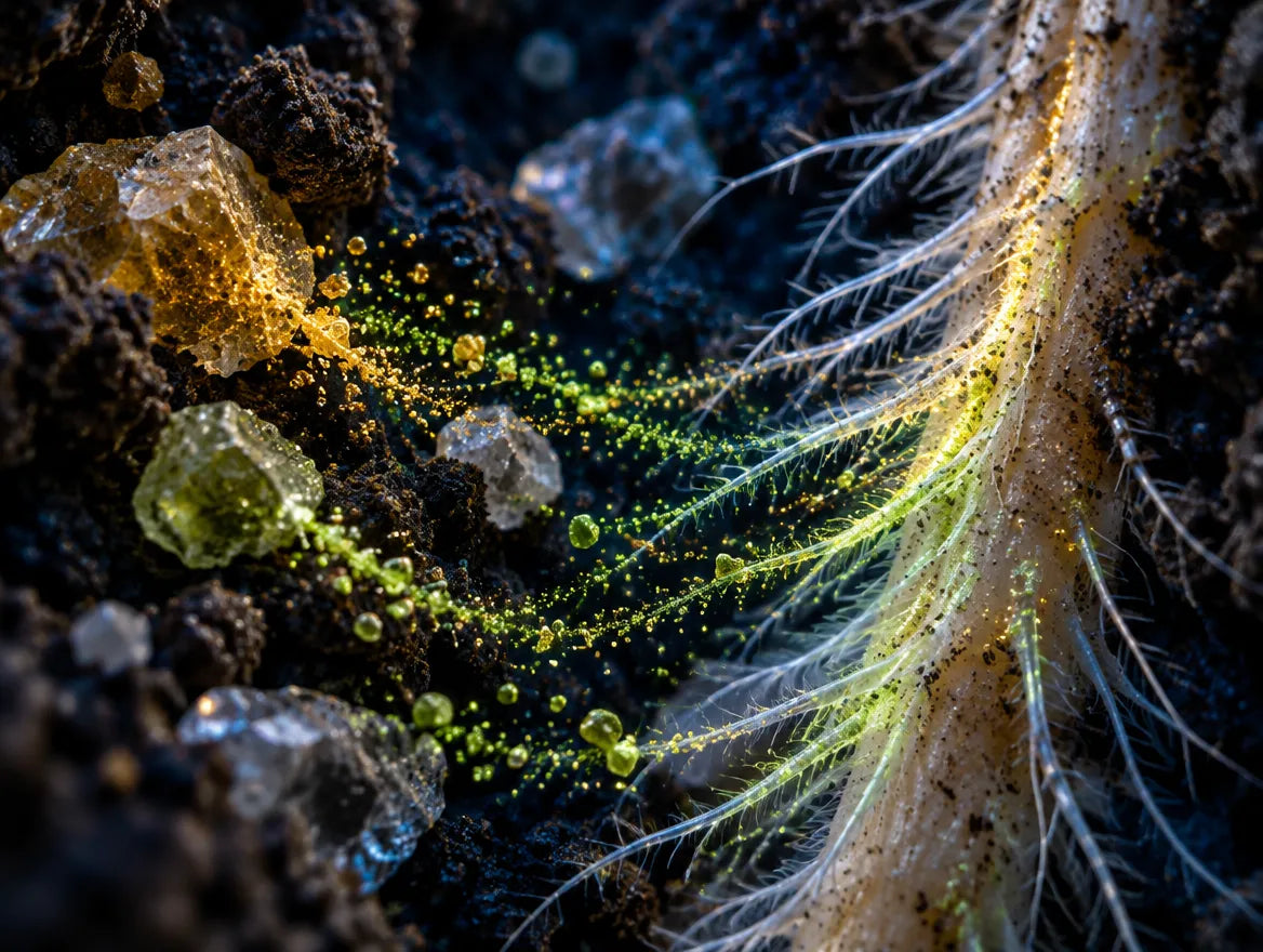 Glowing mineral particles flowing from soil grains into corn root hairs