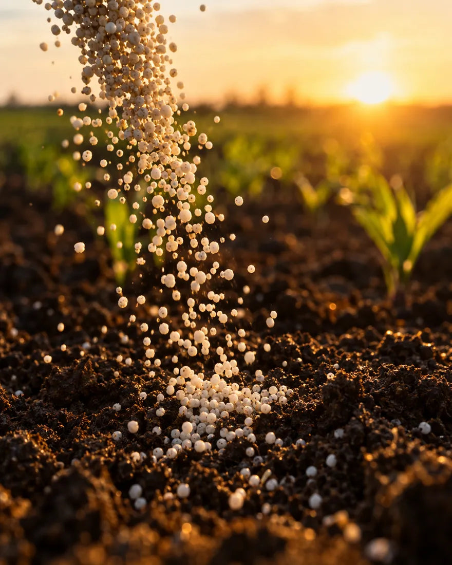 Granular fertilizer falling onto soil