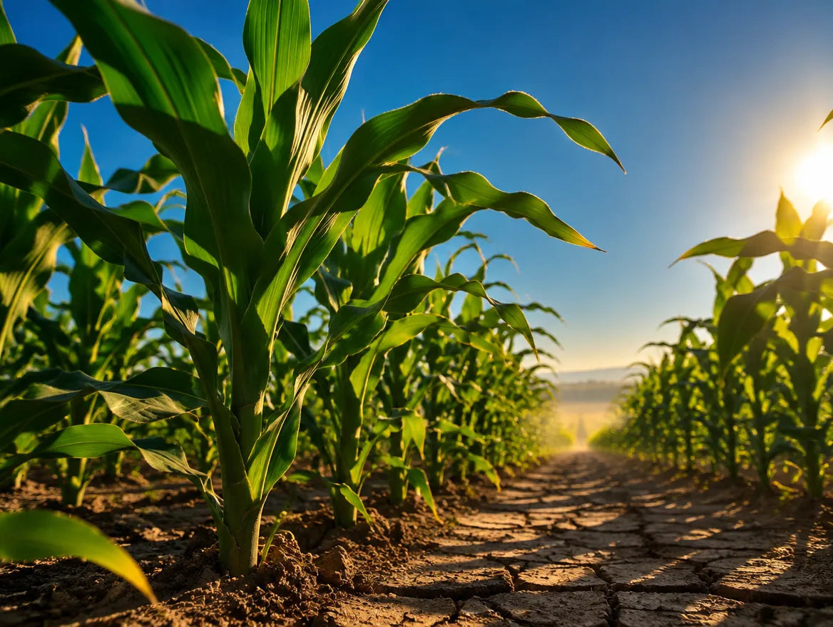 Healthy corn standing strong over dry, cracked soil in afternoon heat