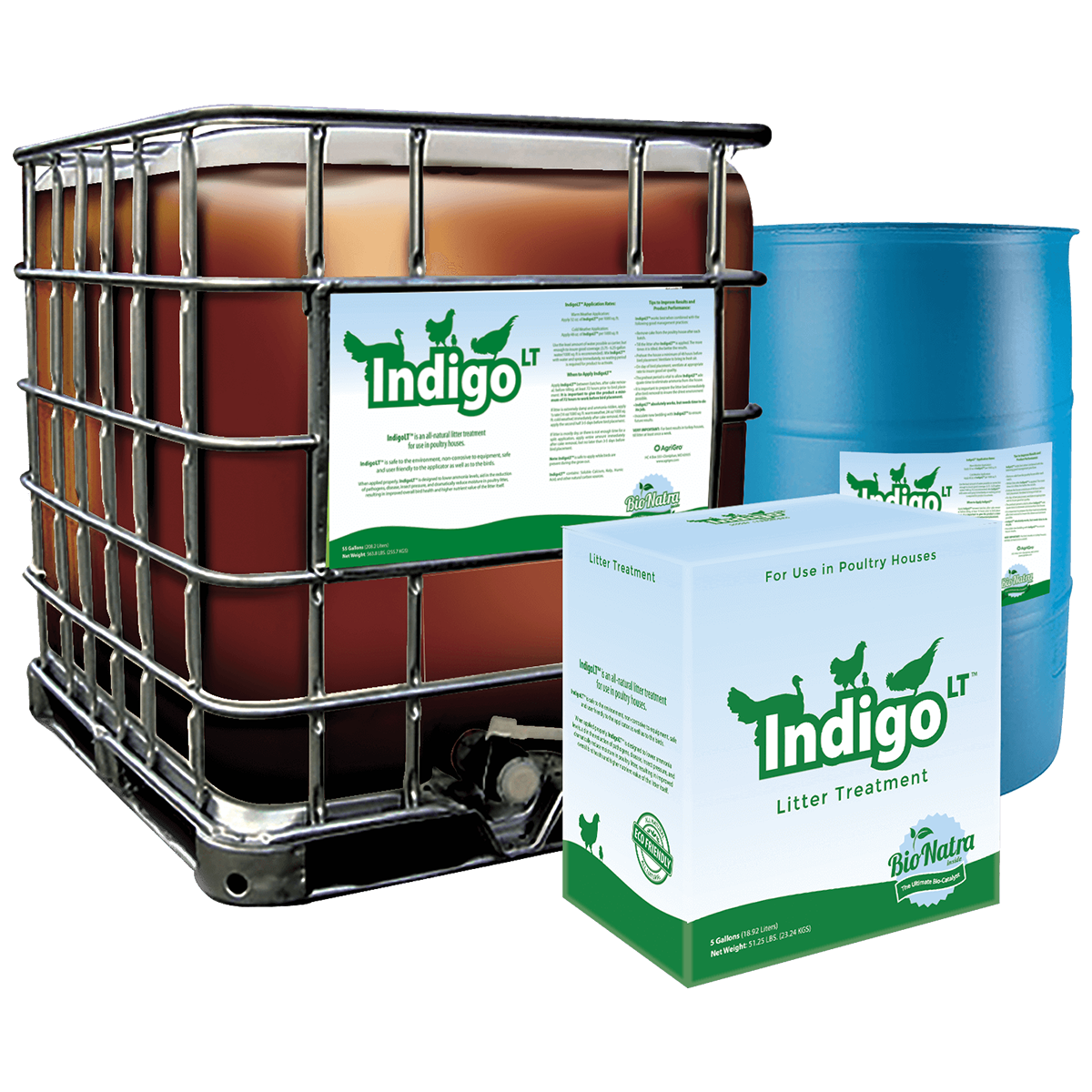 IndigoLT® Natural Poultry Litter Treatment by AgriGro, designed to reduce moisture and ammonia for healthier poultry environments.
