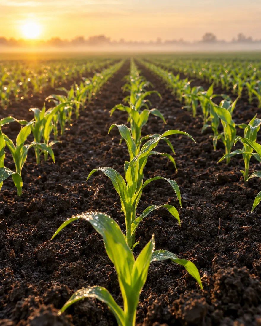 Young corn emerging in uniform rows