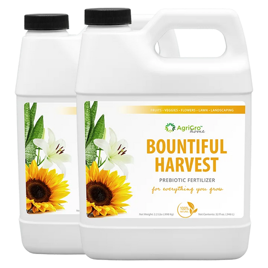 Bountiful Harvest Prebiotic liquid concentrate fertilizer for plant growth and health, suitable for fruits, vegetables, flowers, potted plants, lawns, trees, and shrubs.